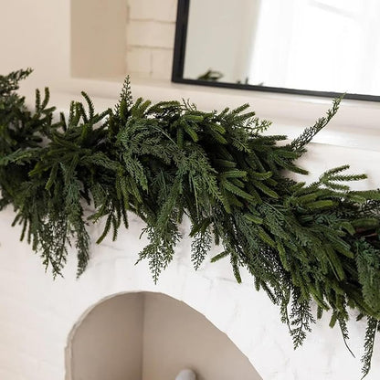 Jutom 1 PCS 6 ft Realistic Christmas Garland - Artificial Mix Norfolk Cypress Pine Needles Faux Green Garland Decorations for Table Mantel Winter Holiday, Indoor & Outdoor Decor