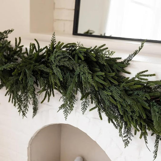 Jutom 1 PCS 6 ft Realistic Christmas Garland - Artificial Mix Norfolk Cypress Pine Needles Faux Green Garland Decorations for Table Mantel Winter Holiday, Indoor & Outdoor Decor