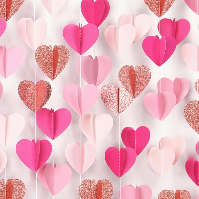Rose-Gold Hot-Pink Party-Decorations Heart Garland - 39Ft 3D Wedding Bridal Shower Hanging Paper Streamers Banner,Baby Girl Birthday Bachelorette Engagement Mohters Brunch Decor Ouruola
