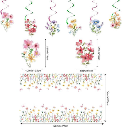 143PCS Spring Wildflower Party Supplies Birthday Decorations Plates Napkins Set, Banner, Hanging Swirls, Tablecloth, Cake Topper, Balloon,Floral Baby Shower, Serves 20