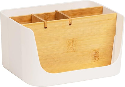 Mind Reader 5-Compartment Desktop Organizer, Adjustable Caddy, Plastic and Wood, White