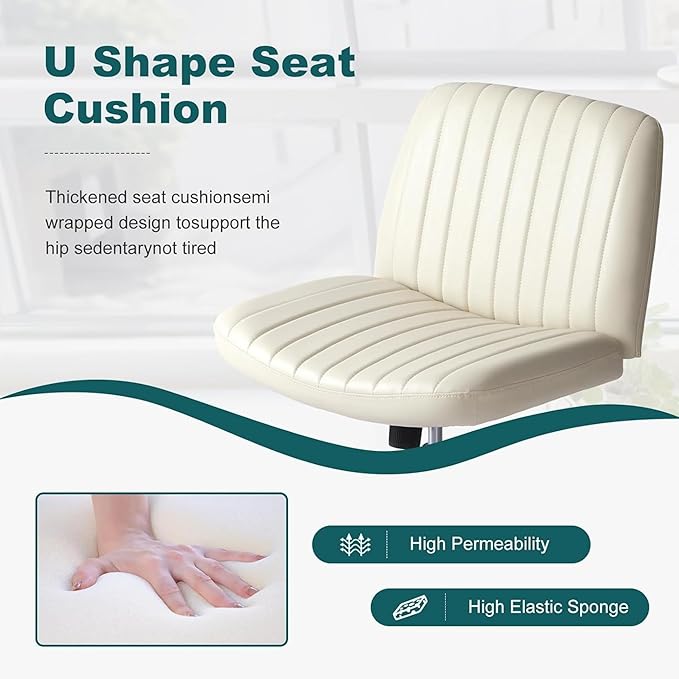 OLIXIS Criss Cross Legged Chairs Armless No Wheels Wide Seat Height Adjustable Swivel Padded PU Leather Home Office Desk Seating for Bedroom, Student, Study Room