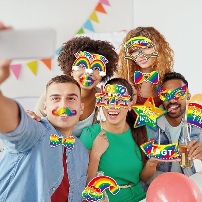 Pride Accessories, Kaluofan 28 PCS LGBTQ Party Photo Booth Props, Rainbow Heart Gay Pride Day and Month Decorations LGBTQ Parade Wedding Celebration Rainbow Friends Party Favor Supplies