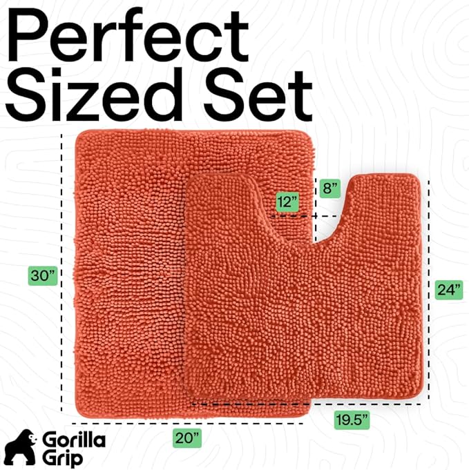 GORILLA GRIP Bathroom Rug Sets, Soft Chenille 2 Piece Area Rugs Set, Toilet Base Mat and 30x20 Carpet, Absorbent Microfiber Washable Mats Dry Quickly, Home Décor and Bath Room Accessories, Coral