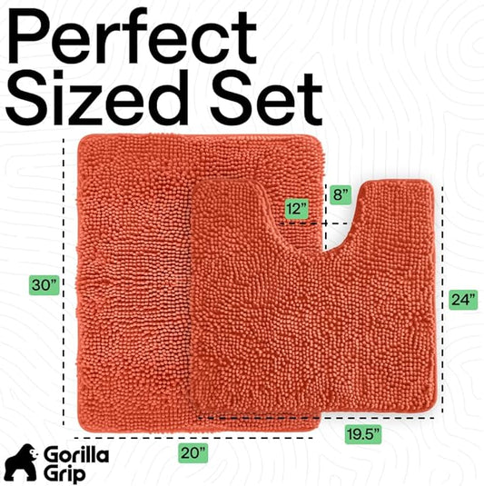 GORILLA GRIP Bathroom Rug Sets, Soft Chenille 2 Piece Area Rugs Set, Toilet Base Mat and 30x20 Carpet, Absorbent Microfiber Washable Mats Dry Quickly, Home Décor and Bath Room Accessories, Coral