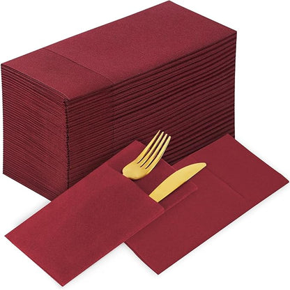 KAMMAK Burgundy Napkins Disposbale Wine Red Cloth like Paper Dinner Napkins with Pocket 100 Pack Guest Hand Towel for Party Decoration, Wedding Reception, Bathroon, Restaurant (16.5 x 16.5 inch)