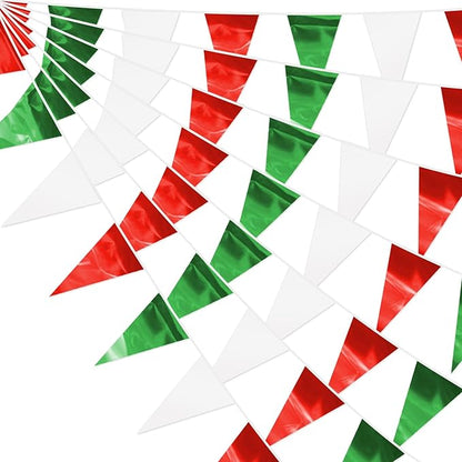 32.8FT White Green Red Glitter Triangle Pennant Banner Flag Metallic Bunting Fabric Garland for Christmas Italy Mexican Birthday Baby Shower Wedding Banners,New Years Winter Decor Ouruola