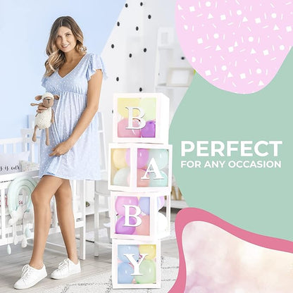 Baby Shower Boxes with Letters – White Boxes with Pastel Pink, Blue, Yellow, and Green Balloons – 44-Piece Gender Reveal & Party Decoration Set by Vellax
