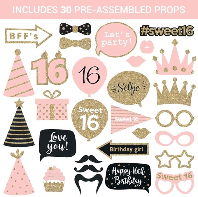 Fully Assembled Sweet 16 Birthday Photo Booth Props - Set of 30 - Pink & Gold Selfie Signs - 16th Party Supplies & Decorations - Cute 16th Bday Designs with Real Glitter - Did We Mention No DIY
