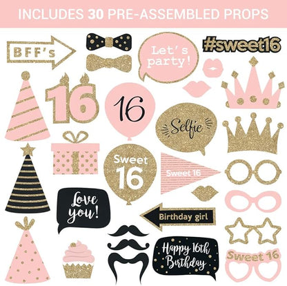 Fully Assembled Sweet 16 Birthday Photo Booth Props - Set of 30 - Pink & Gold Selfie Signs - 16th Party Supplies & Decorations - Cute 16th Bday Designs with Real Glitter - Did We Mention No DIY