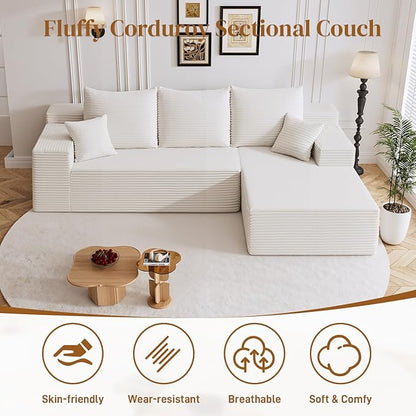 108" L Shaped Boneless Sectional Couches for Living Room, Comfy Corduroy Floor Cloud Sofa with Chaise, Wide Armrest, Deep Seat, Memory Foam, Assembly Free, Ideal for Small Spaces, White