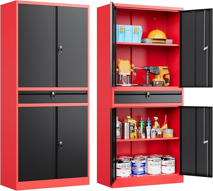 SISESOL Metal Storage Cabinet with Drawer and Lock,Garage Storage Cabinet with Locking Doors and Shelves,71" Black Red Metal Cabinets,Lockable Steel Tool Cabinets for Garage,Home,Office,Shop