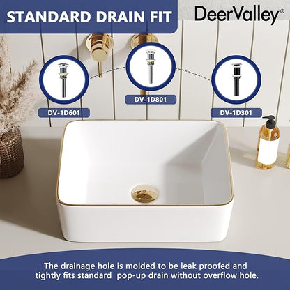 DeerValley Liberty 16x12 Inch Rectangular Vessel Sink, White Ceramic Basin with Gold Band, Above Counter Bathroom Sink, DV-1V0366