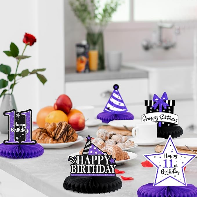 Happy 11th Birthday Decorations,11th Birthday Purple Glitter Shiny Stand Honeycomb Table Centerpieces - Cheers to Eleven Years Old Birthday Party Photoprop Gift Sign.