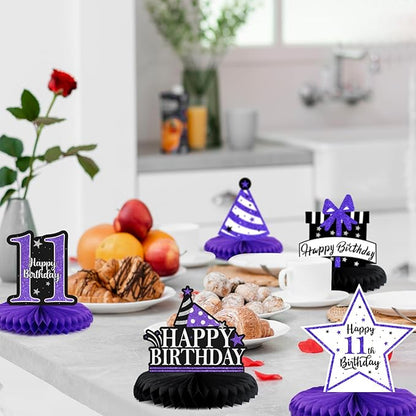 Happy 11th Birthday Decorations,11th Birthday Purple Glitter Shiny Stand Honeycomb Table Centerpieces - Cheers to Eleven Years Old Birthday Party Photoprop Gift Sign.