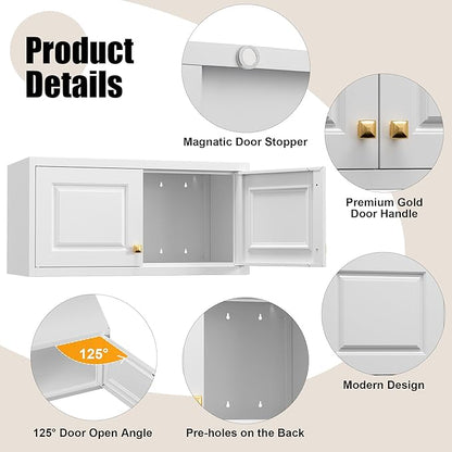 Metal Storage Cabinet with Doors, Small Kitchen Storage Cabinets, White Wall Cabinet, 15" Tall Home Office Cabinet, Steel Overhead Cupboard for Pantry, Living Room, Kitchen- Assembly Required