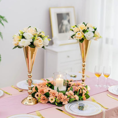 Gold Vase Centerpiece Table Decorations - 10 Pcs Metal Tabletop Flower Stand, Wedding Decorations for Reception, 16.5in Trumpet Tall Flower Vase for Birthday, Weddings, Anniversary, Home Decor