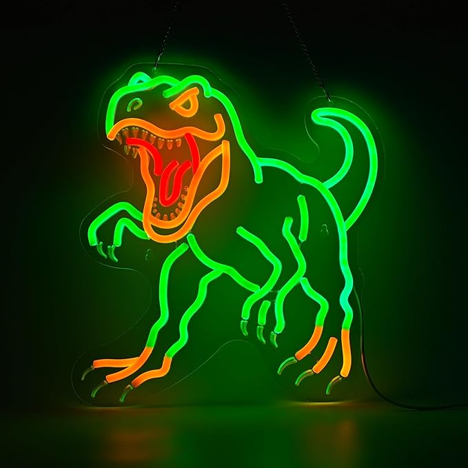 Dinosaur Neon Wall Sign - Green T-Rex LED Light for Jurassic Party, Boys Bedroom, Halloween Decor, Spooky Gift for Teens, 14.5x13.6" USB Powered