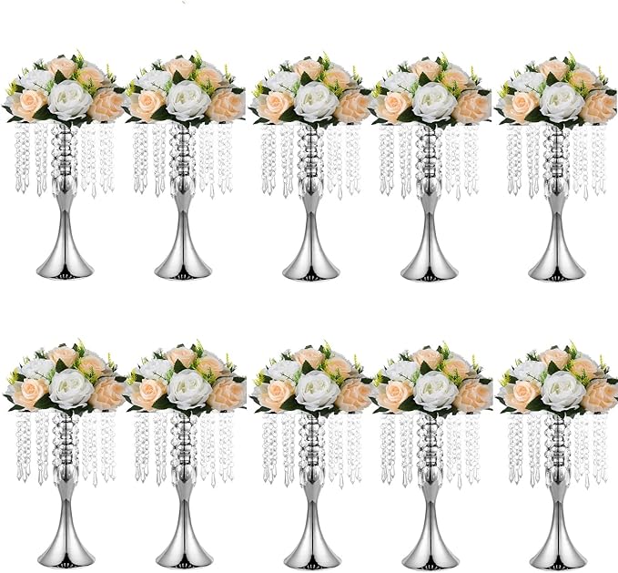 10pcs Silver Vases for Centerpieces Crystal Tabletop Metal Flower Vase Stand for Anniversary Ceremony Party Birthday Event Home Decorations
