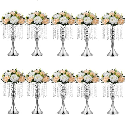 10pcs Silver Vases for Centerpieces Crystal Tabletop Metal Flower Vase Stand for Anniversary Ceremony Party Birthday Event Home Decorations