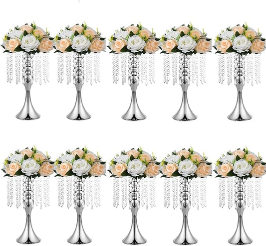 10pcs Silver Vases for Centerpieces Crystal Tabletop Metal Flower Vase Stand for Anniversary Ceremony Party Birthday Event Home Decorations