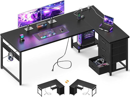 AODK L Shaped Gaming Desk with 4 Drawers, 67" Reversible Home Office Desks with Power Outlets, L Shaped Computer Desk with USB Charging Port and Host Stand, Corner Desk, Easy to Assemble, Black