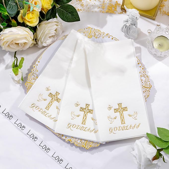 50 Pack Cross Paper Napkins - Baptism Napkins Disposable - Gold Cloth-Like Feel Dinner Paper - Heavy Duty Hand Towels for Religious Party, Confirmation, Christening, First Communion