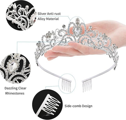 Tiara for Women Elegant Princess Crown with Combs Silver Crystal Tiara Crowns for Women Girls Tiaras for Women Bridal Wedding
