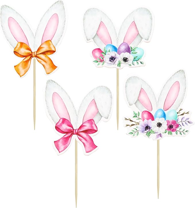 Ephlyn 36Pcs Happy Easter Cupcake Toppers - Rabbit Ear Cupcake Picks & Day Theme Baby Shower Kids Birthday Party Cake Decorations