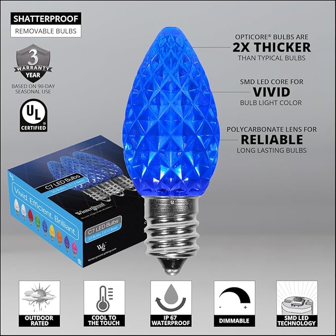 C7 Blue OptiCore Commercial Christmas Lights – LED Bulbs for Outdoor Holiday Party; Green Wire (100 Lights, 100 ft, Blue)