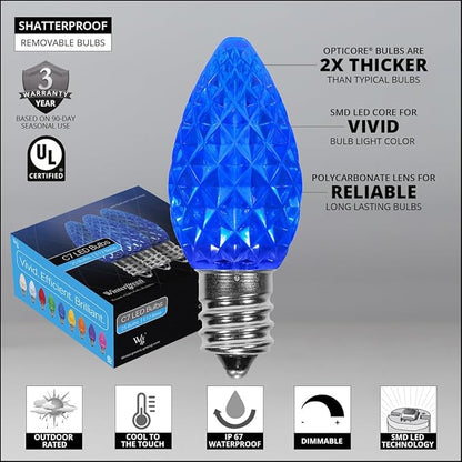 C7 Blue OptiCore Commercial Christmas Lights – LED Bulbs for Outdoor Holiday Party; Green Wire (100 Lights, 100 ft, Blue)