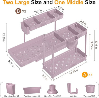 3 Pack Multi-Purpose Under Sink Organizers and Storage, 2026 L-Shaped Pull Out Cabinet Organizer for Bathroom & Kitchen, Under Cabinet Organizer with Hooks Hanging Cup (Pink, 12.85 inch)