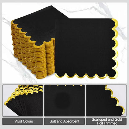 200 Pack Black Paper Napkins - Gold Foil Scalloped Cocktail Napkins for Themed Party Supplies, Birthday, Baby Shower, Wedding