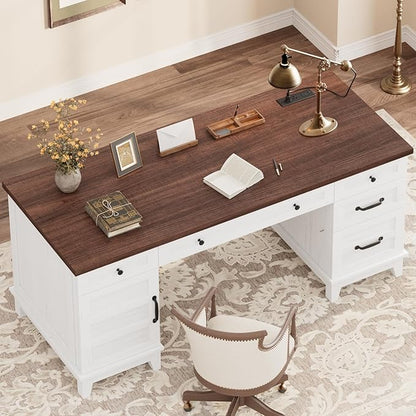 GarveeHome Executive Desk with File Drawers, Farmhouse Home Office Desk with Charging Station, 60 in Wooden Computer Desk with Cabinet Storage for Work Study Writing, White Walunt