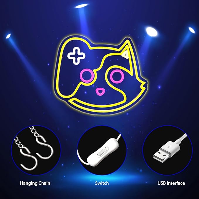 Game Cat Neon Sign, Neon Signs for Wall Decor Neon Lemon Yellow LED Signs Gaming Room Neon Light Up Signs Home Decor for Bedroom Club Party Bar Shop USB Operated