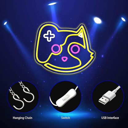 Game Cat Neon Sign, Neon Signs for Wall Decor Neon Lemon Yellow LED Signs Gaming Room Neon Light Up Signs Home Decor for Bedroom Club Party Bar Shop USB Operated