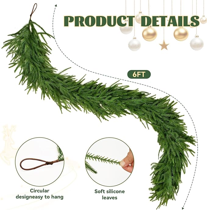 6FT Norfolk Pine Garland, Real Touch Artificial Greenery Garland, Flexible and Fluffable Christmas Garland Decorations for Mantle, Table, Staircase, Fireplace, Wall (6 Feet)