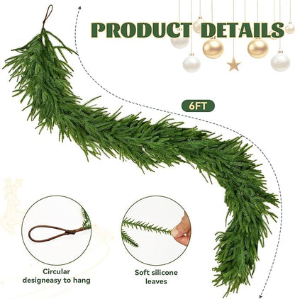 6FT Norfolk Pine Garland, Real Touch Artificial Greenery Garland, Flexible and Fluffable Christmas Garland Decorations for Mantle, Table, Staircase, Fireplace, Wall (6 Feet)