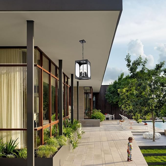 BONLICHT Large Outdoor Chandelier for Porch, 5-Light Modern Outdoor Pendant Light with Clear Glass,Black Exterior Pendant Lighting Fixture Ceiling Mount Pendant Lantern for Patio Doorway Foyer Garden