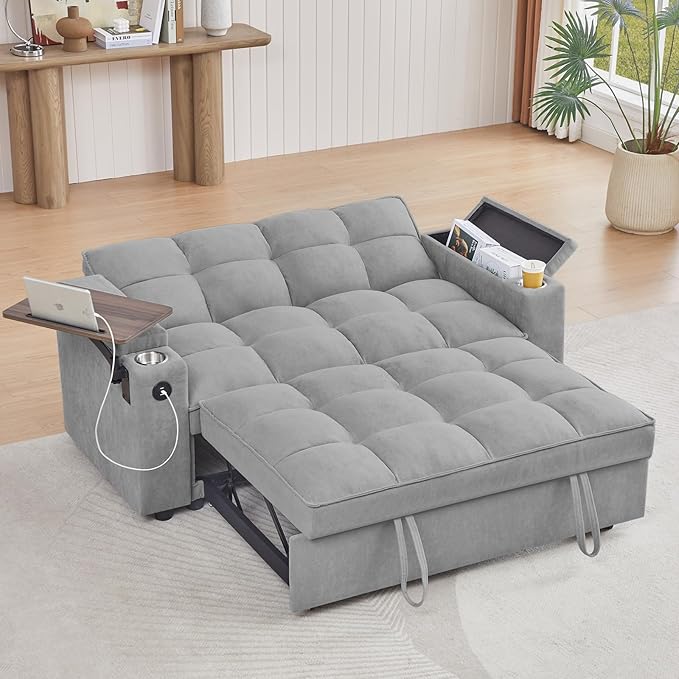 65'' 3-in-1 Folding Convertible Sofa Bed, Queen Size Pullout Sofa, Modern Chenille Fabric, 360° Swivel Side Table, Easy Assembly, Perfect for Living Room