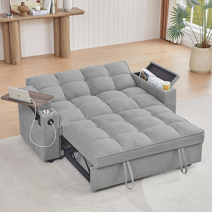 65'' 3-in-1 Folding Convertible Sofa Bed, Queen Size Pullout Sofa, Modern Chenille Fabric, 360° Swivel Side Table, Easy Assembly, Perfect for Living Room