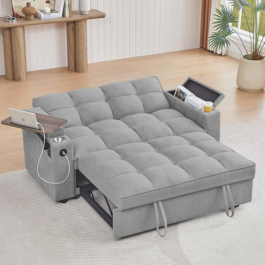 65'' 3-in-1 Folding Convertible Sofa Bed, Queen Size Pullout Sofa, Modern Chenille Fabric, 360° Swivel Side Table, Easy Assembly, Perfect for Living Room