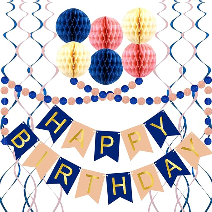 Navy Rose Gold Birthday Decorations with Happy Birthday Banner, Paper Honeycomb Balls, Circle Garland and Hanging Swirl Decorations