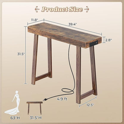 Huuger Entryway Console Table with Charging Station, USB-C Port, 39.4 Inch Sofa Table with Metal Legs, Entry Hallway Table with Thicker Desktop, Modern Behind Couch Table, Rustic Brown