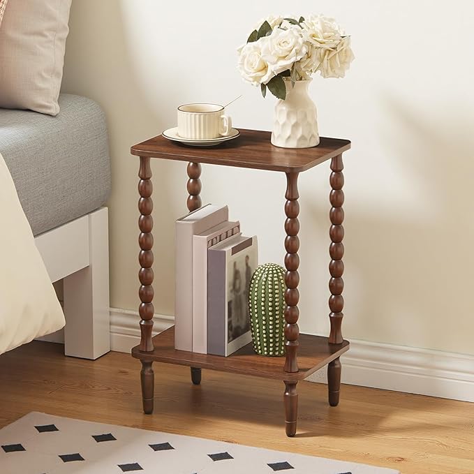 HOOBRO End Tables Set of 2, 2-Tier Small Side Table with Spindle Legs, Nightstand with Storage Shelves, Sofa Side Table, for Small Space, Living Room, Bedroom, Walnut WL189BZP201