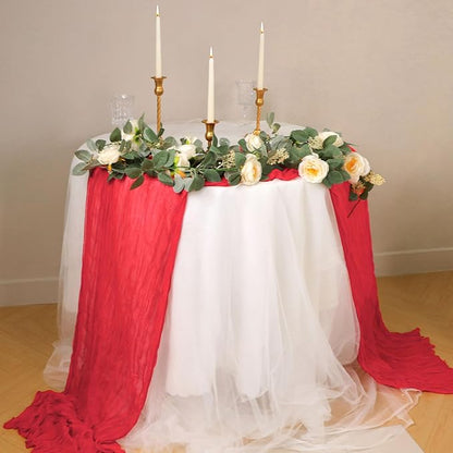 Snowkingdom 10 Ft Red Christmas Cheesecloth Table Runner, 120 inch Long Cheese Cloth Boho Gauze Sheer Runner for Wedding Bridal Baby Shower Birthday Sheer Holiday Table Decorations