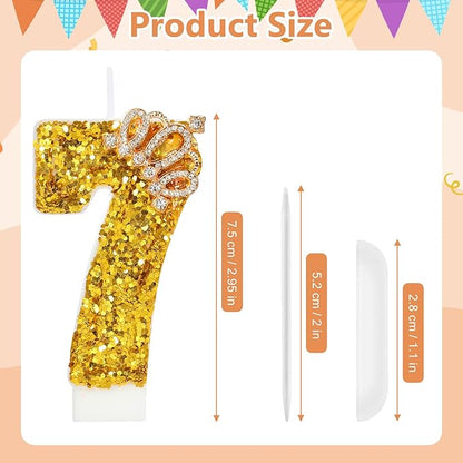 Gold Birthday Candle Crown Number 7 Candle with Sequins Cake Candles Cupcake Decorations Party Decor for Anniversary Celebrations Supplies