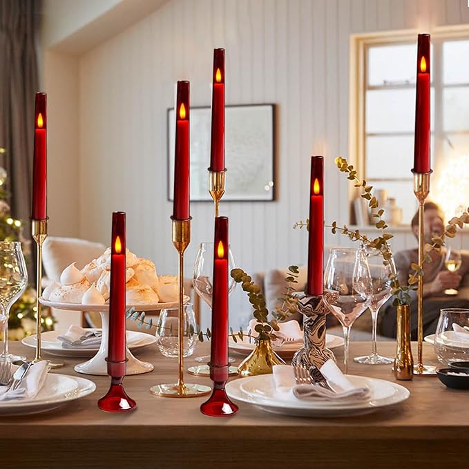 Lezonic Flameless Windows Candles Battery Operated with Timer Remote, 6Pcs Red Acrylic Flameless Candlesticks with Holders, LED Taper Candles Flickering for Halloween Christmas, 0.8 x 8 inches