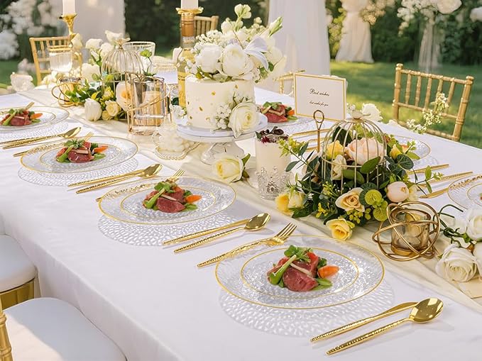 Rubtlamp 60Pcs Clear Plastic Plates,Clear Disposable Plates With Gold Rim,Heavy-duty Gold Plates,Hammered Party Plates Include 30Clear Dessert-Platos,30Dinner-Platos for Wedding, Party&Christmas