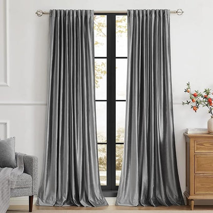 PRIMROSE Dark Grey Velvet Curtains 90 inch Long for Living Room,Set of 2 Panels Blackout Rod Pocket Back Tab Window Treatment Room Darkening Heavy Decorative Curtains Drapes for Bedroom